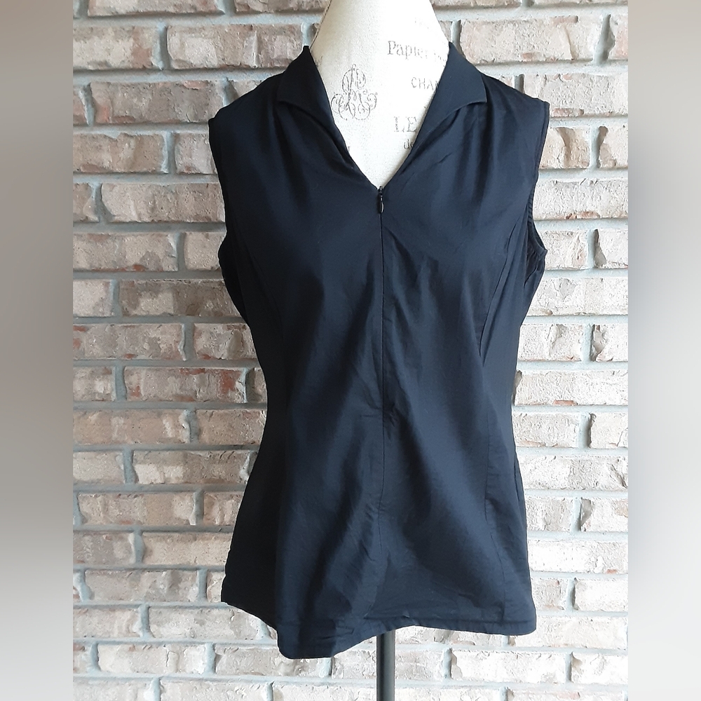 Ming Wang Black Sleeveless Zip Front Cotton Blend Top - Picture 1 of 7